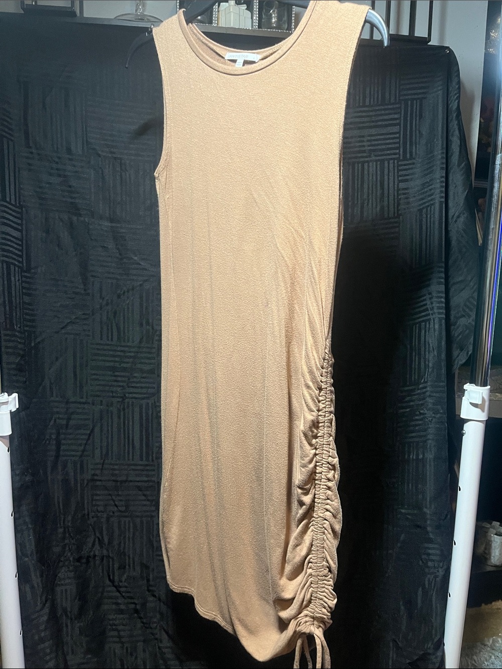 Sleeveless Ruched Side Midi Dress in Tan